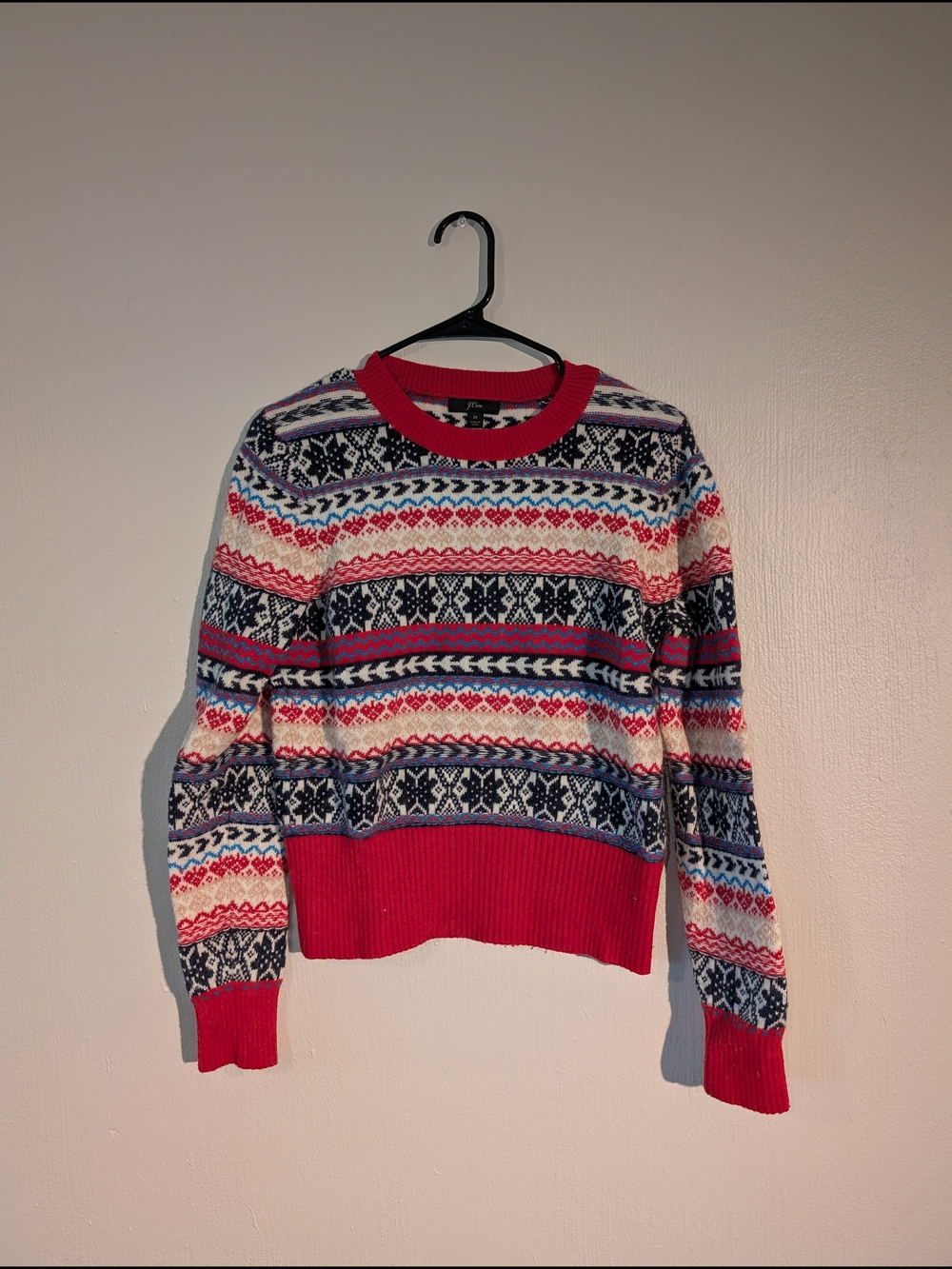 J. Crew Red Navy Cream Patterned Fair Isle Crewneck Sweater